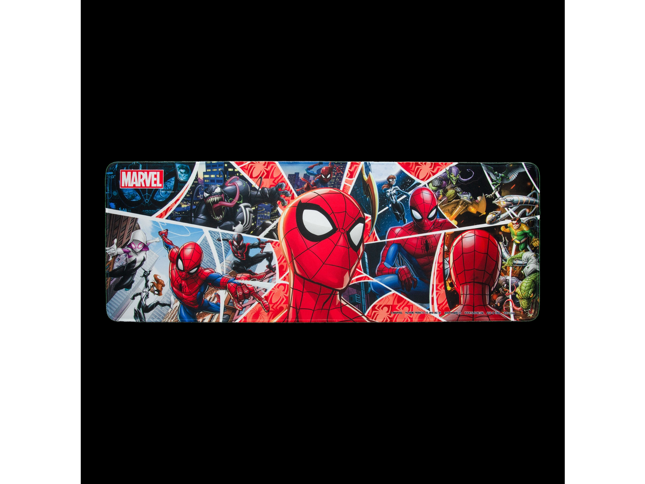 A long mouse pad featuring various comic book characters, including Spider-Man and villains.