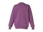 Back view of a plain purple sweatshirt with ribbed cuffs and hem.