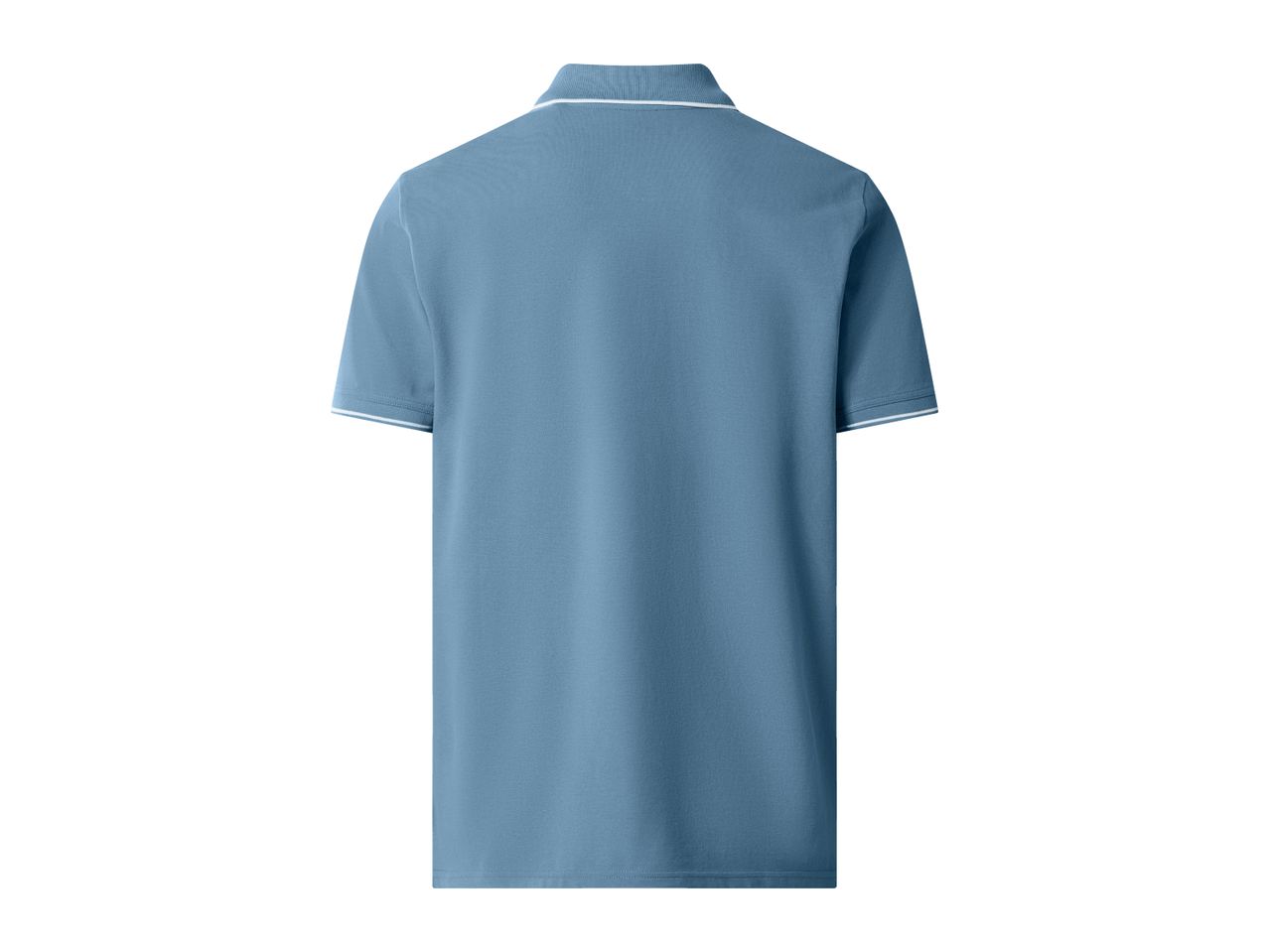 Back view of a light blue men's polo shirt with white trim on the collar and sleeves.