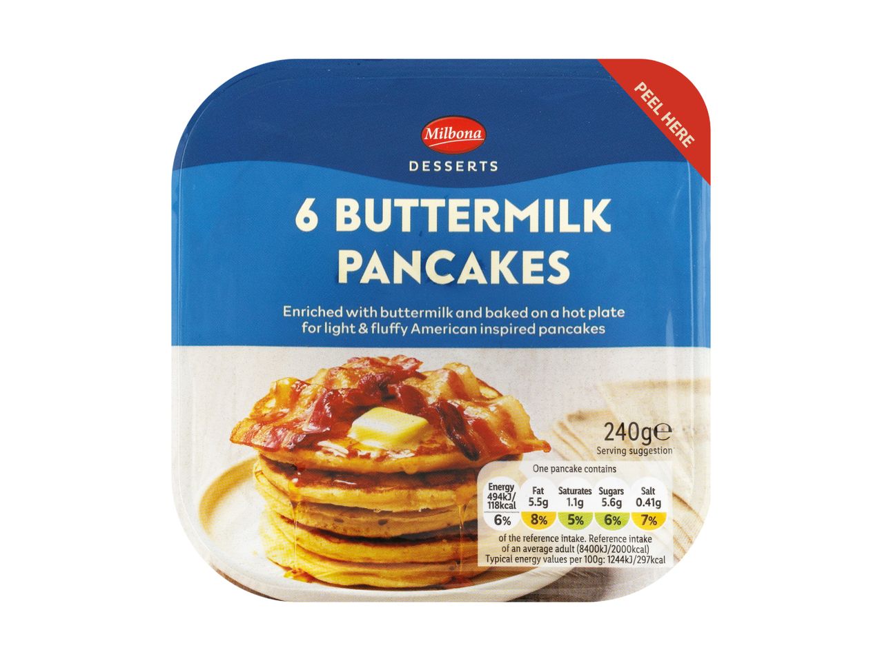 Packaging for 6 buttermilk pancakes with a serving suggestion of pancakes with bacon and syrup.