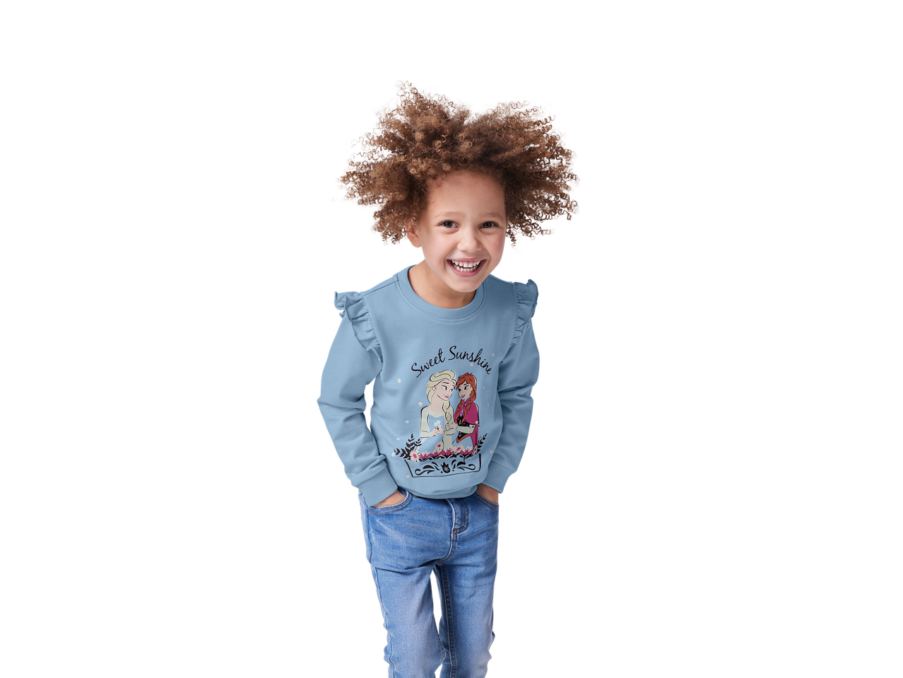 Child wearing a Frozen sweatshirt and jeans.