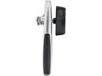 Silver and black can opener with a textured handle.
