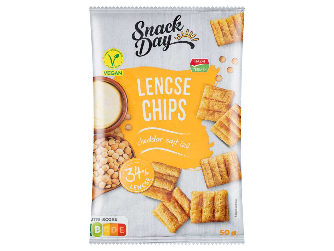 Snack Day lencse chips cheddar sajt ízzel, 50g-os kiszerelésben.