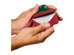 Hands holding a red, white, and green squeegee, possibly for cleaning.