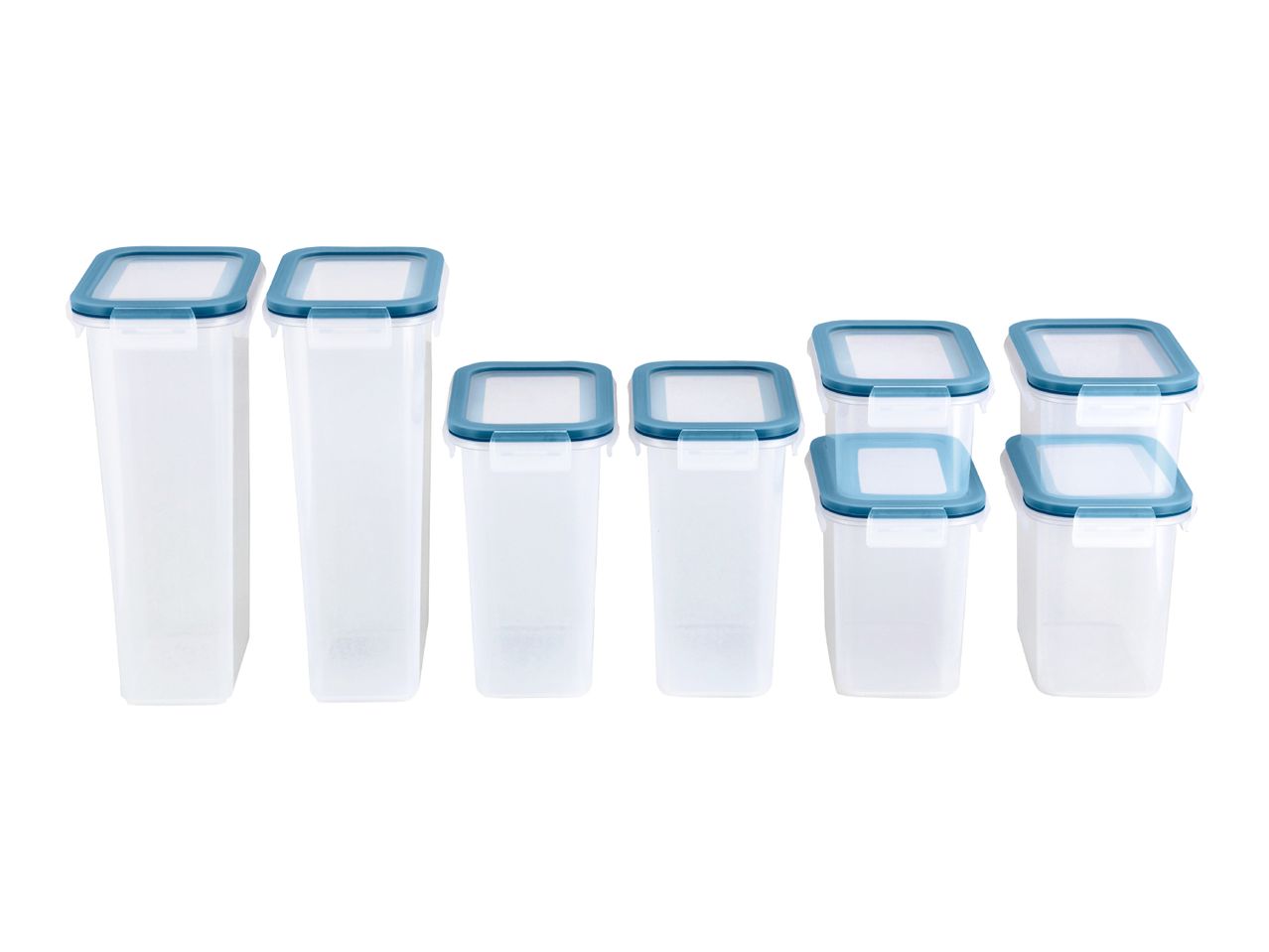 Set of clear plastic food storage containers with blue airtight lids
