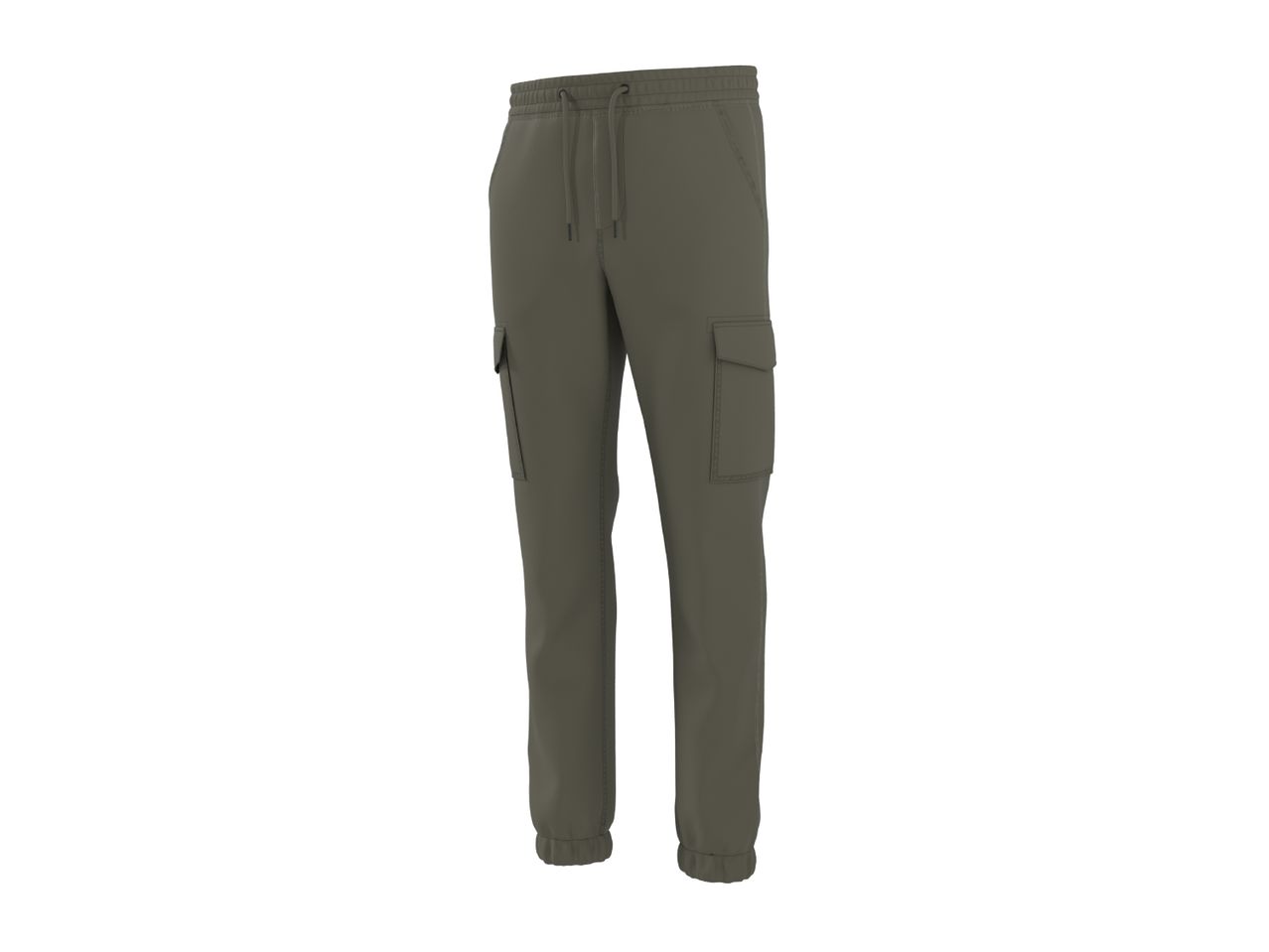 Men's olive green cargo jogger trousers with drawstring waist and elasticated cuffs