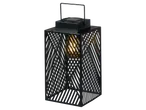 Black solar lantern with geometric design and filament bulb.