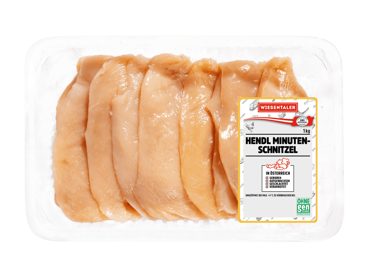 Verpackte Hähnchenschnitzel der Marke Wiesentaler.