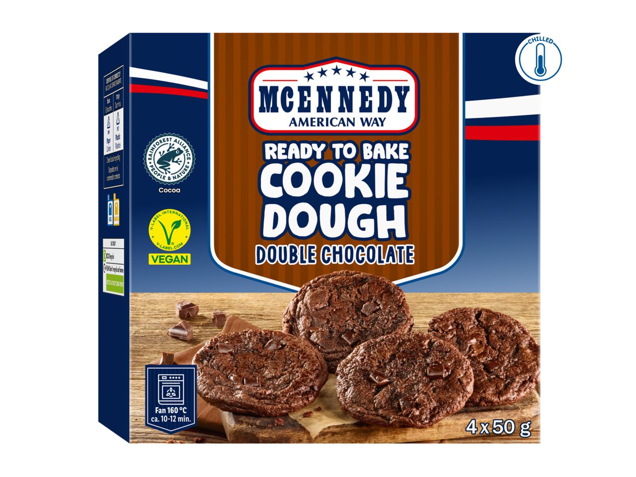 Ready-to-bake double chocolate cookie dough box with four baked cookies and a chilled icon.