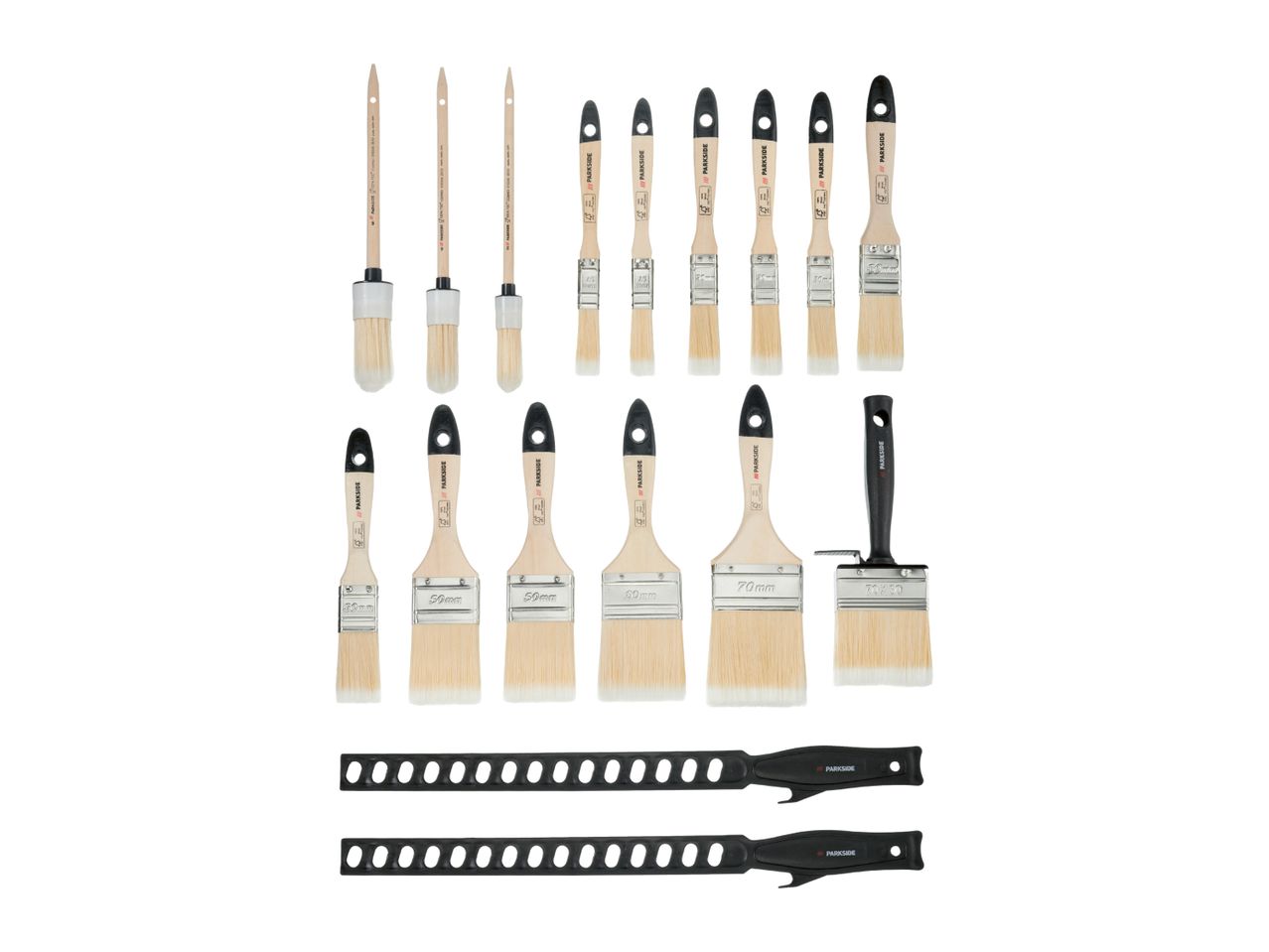 A set of various paintbrushes, including round, flat, and wide brushes, with two brush cleaning tools.