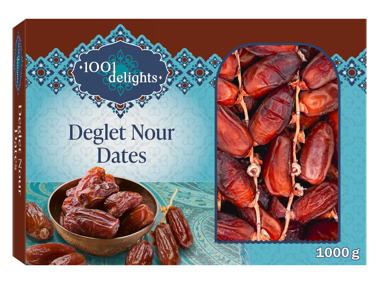 1001 Delights Deglet Nour Dates box, 1000g, with dates in a bowl and a large window.