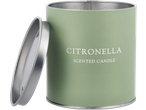 Groene citronella kaars met metalen deksel, tekst 'CITRONELLA SCENTED CANDLE'