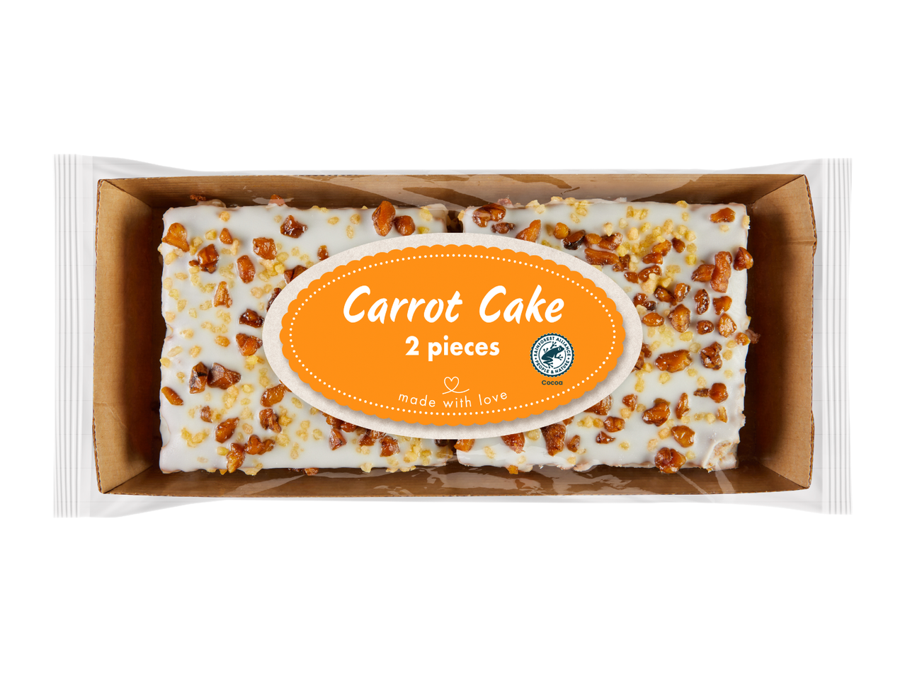 Морковена торта с глазура и ядки, 2 броя, в опаковка, с надпис „made with love“