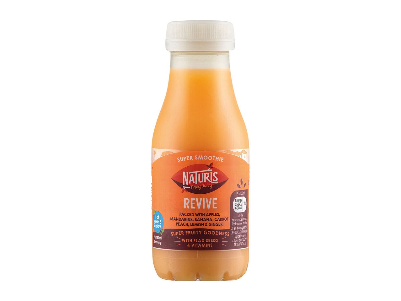 Naturis Revive smoothie: apples, bananas, carrots, peach, lemon & ginger.