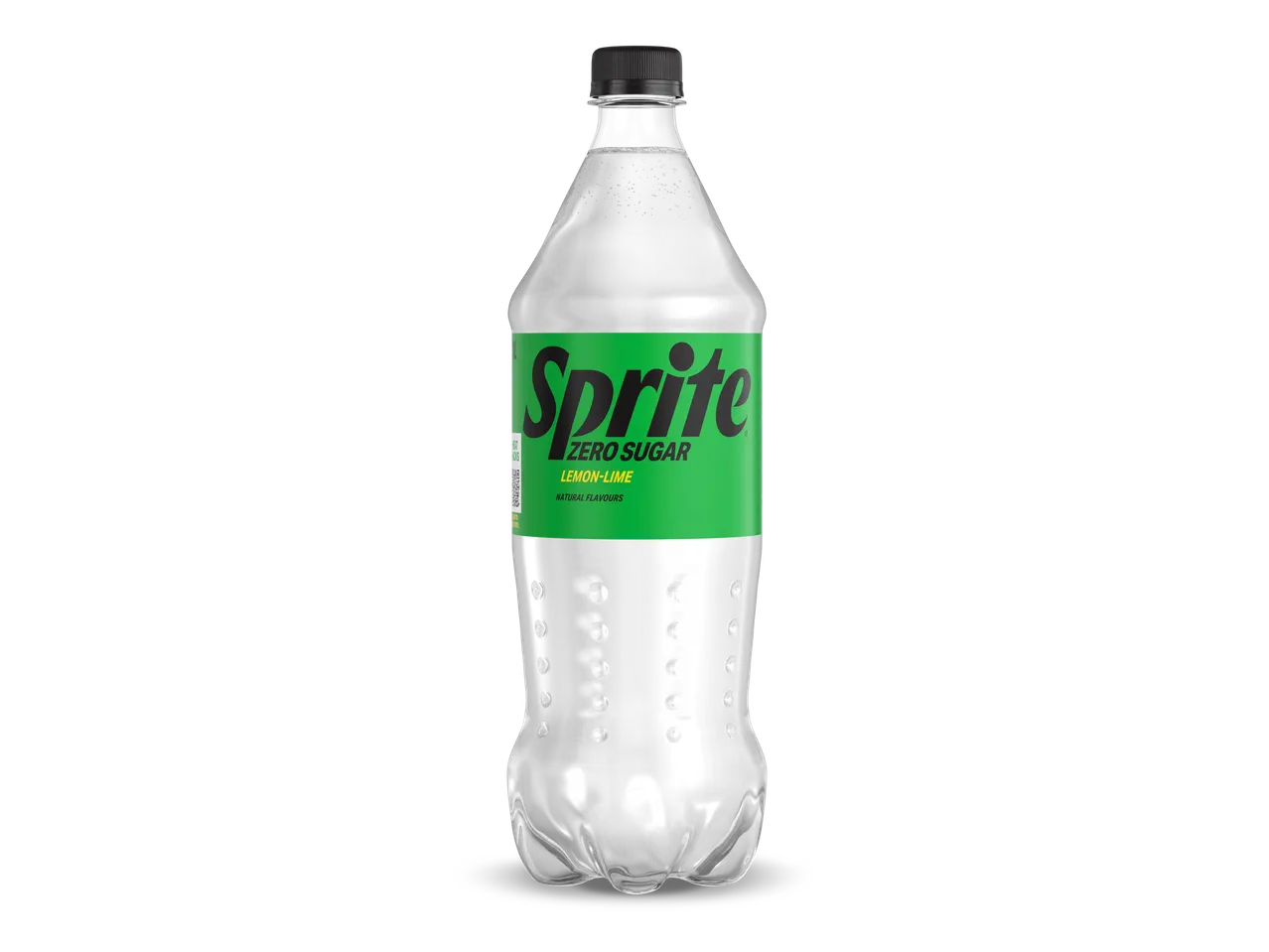 Een fles koolzuurhoudende frisdrank met citroen-limoensmaak en een groen etiket met de tekst 'ZERO SUGAR'.