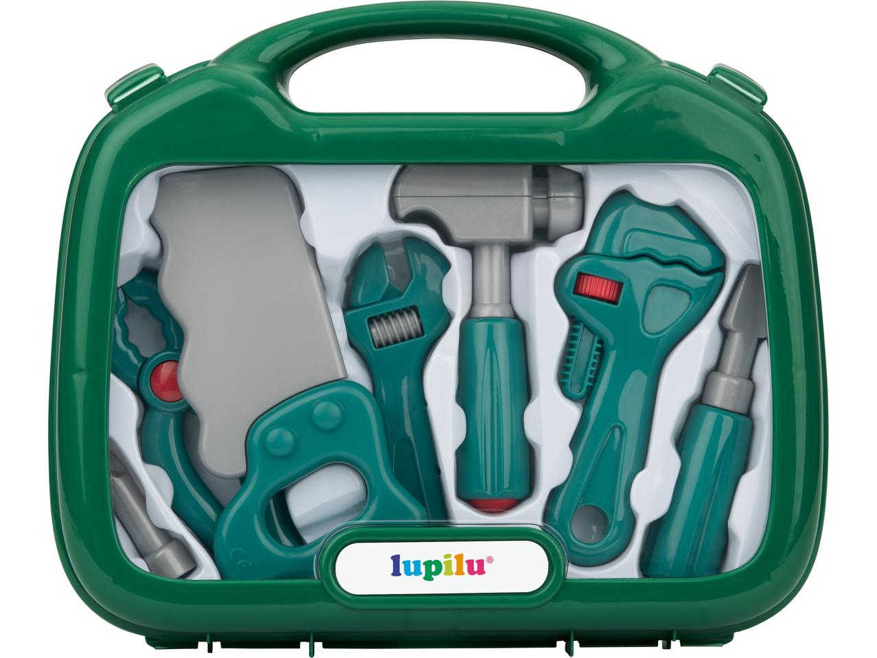 LUPILU® žaislų įrankių rinkinys: pjūklas, veržliarakčiai, plaktukas ir atsuktuvas žaliame dėkle.