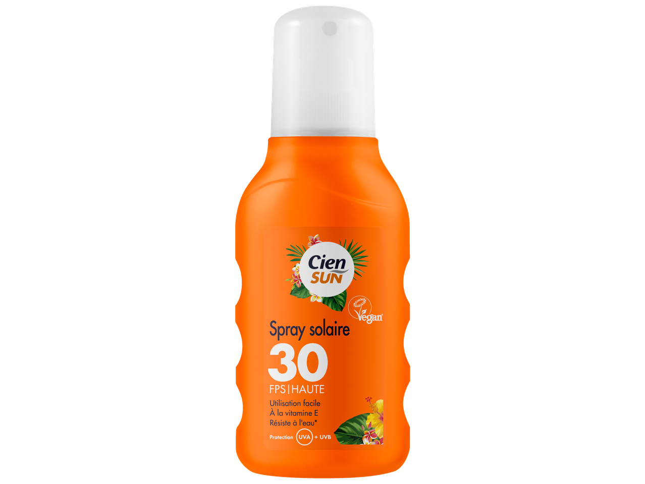 Spray solaire Cien Sun SPF 30, végan, sans microplastiques.