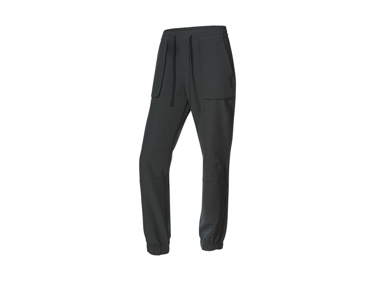 Dark gray joggers with an elastic waistband and cuffs, featuring side pockets and drawstrings.