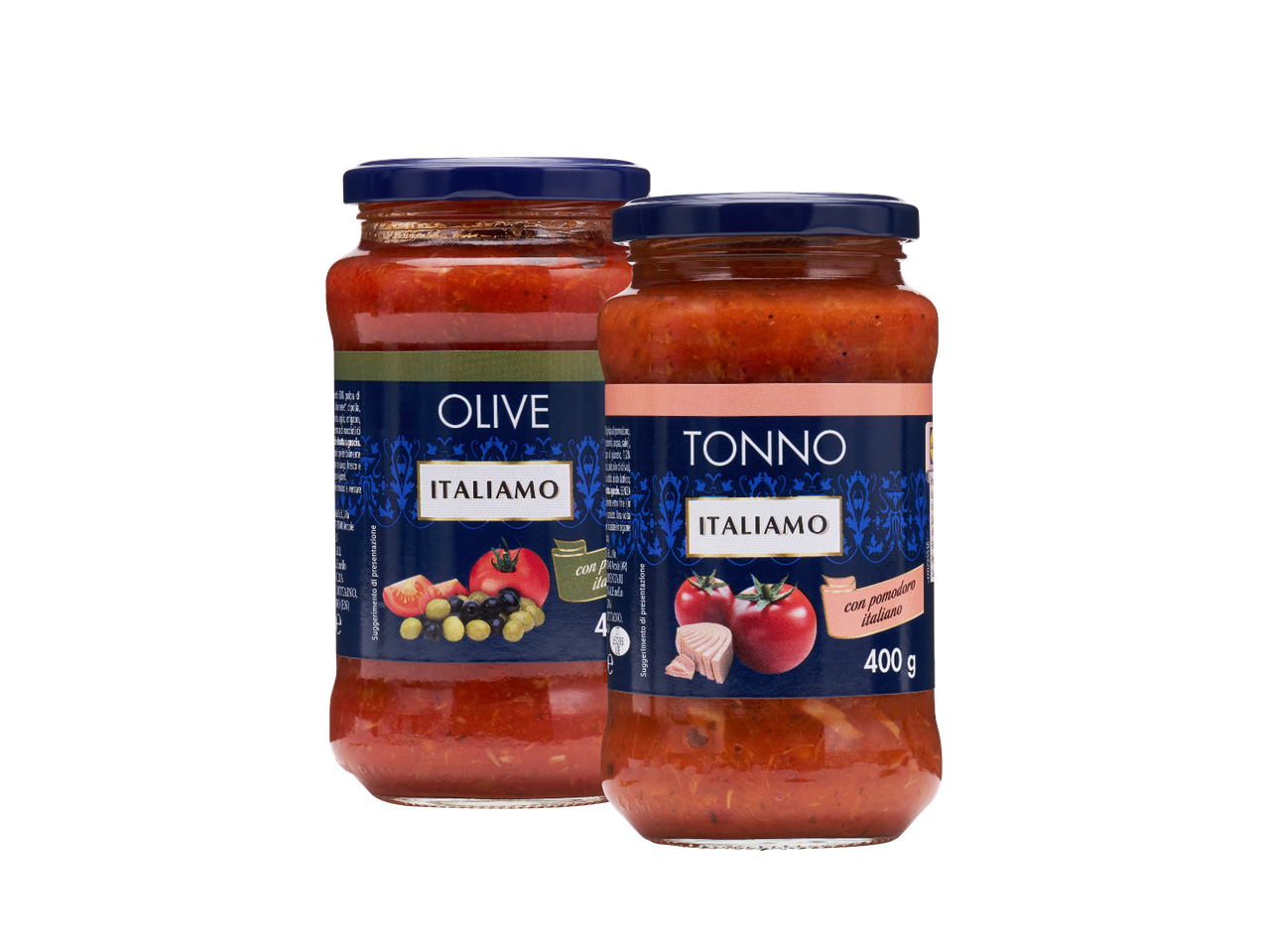 Two jars of Italian tomato sauce, one with olives and the other with tuna.