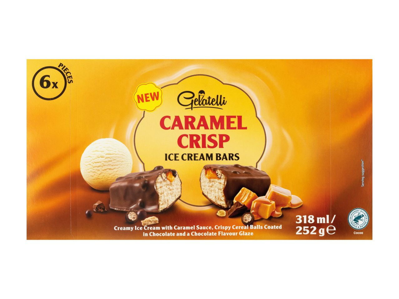 Caramel Crisp ice cream bars with caramel sauce and crispy cereal balls, 6 pieces.