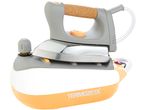 A Thermozeta steam iron with a cork handle and orange accents.