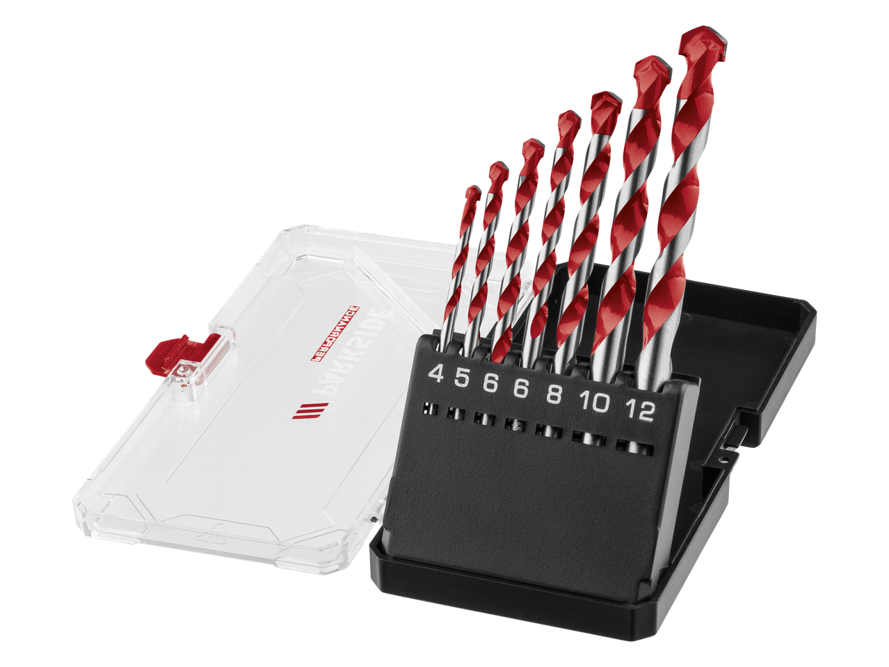 Parkside® grąžtų rinkinys su raudonais ir sidabriniais grąžtais juodame laikiklyje, dydžiai 4-12 mm.