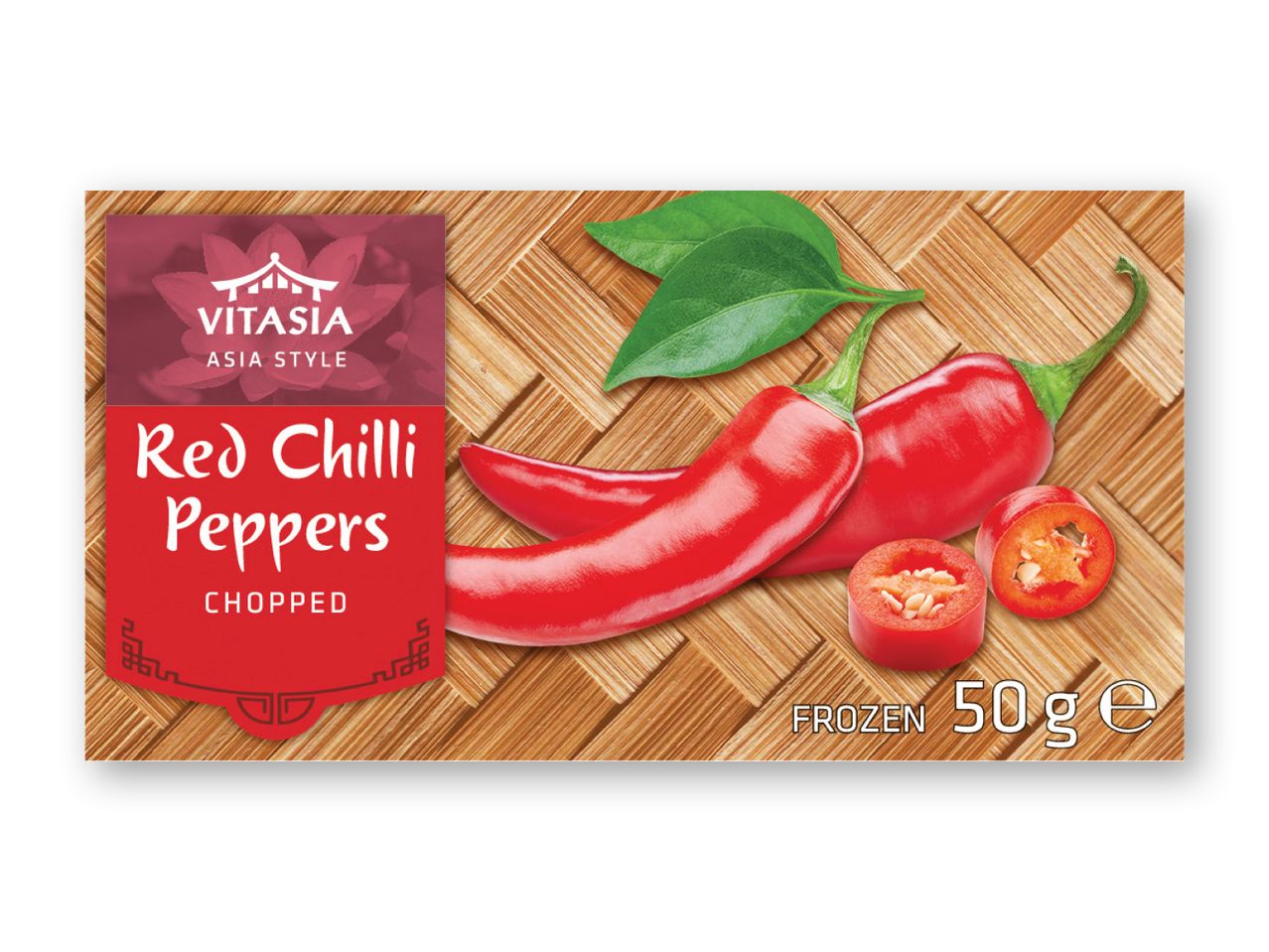 Vitasias frosne, hakkede røde chili pebre (50g).