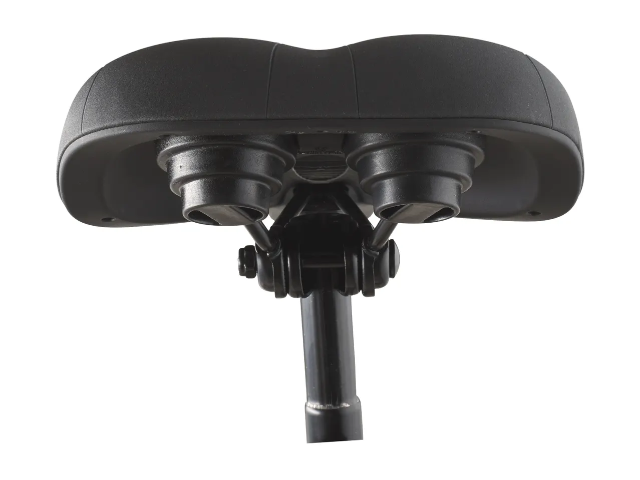 A black bicycle seat with a metal post is shown from below.