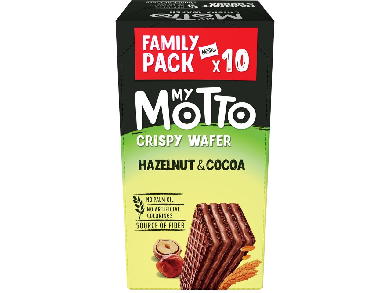 Опаковка My Motto Family Pack с 10 хрупкави вафли с лешник и какао.