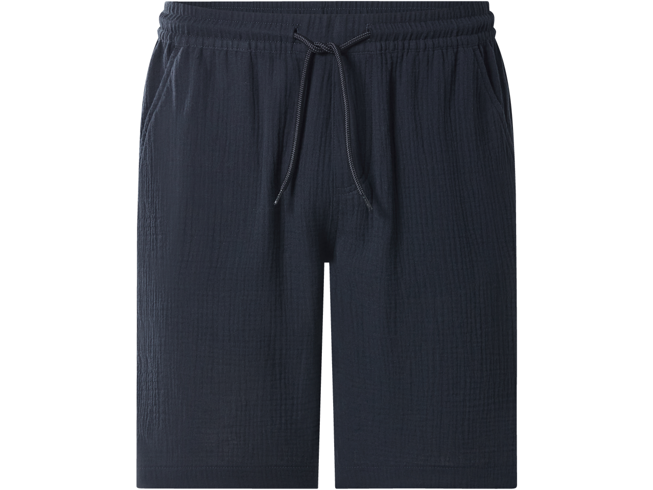 Pantaloni scurți de bărbați din bumbac, de culoare bleumarin, cu șnur în talie.