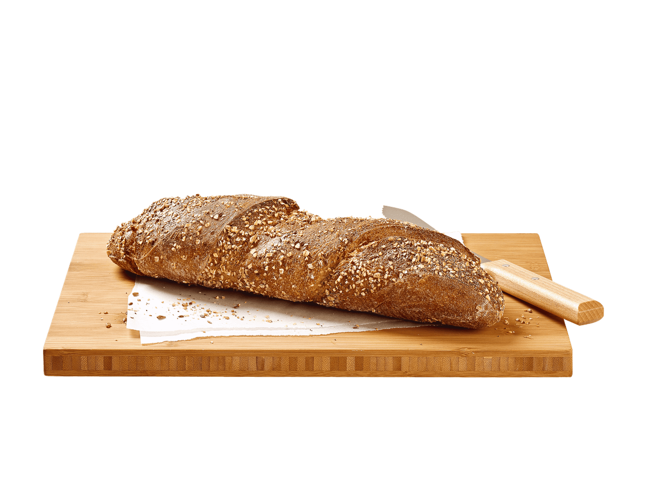 Pane multicereali su tagliere di legno con coltello.