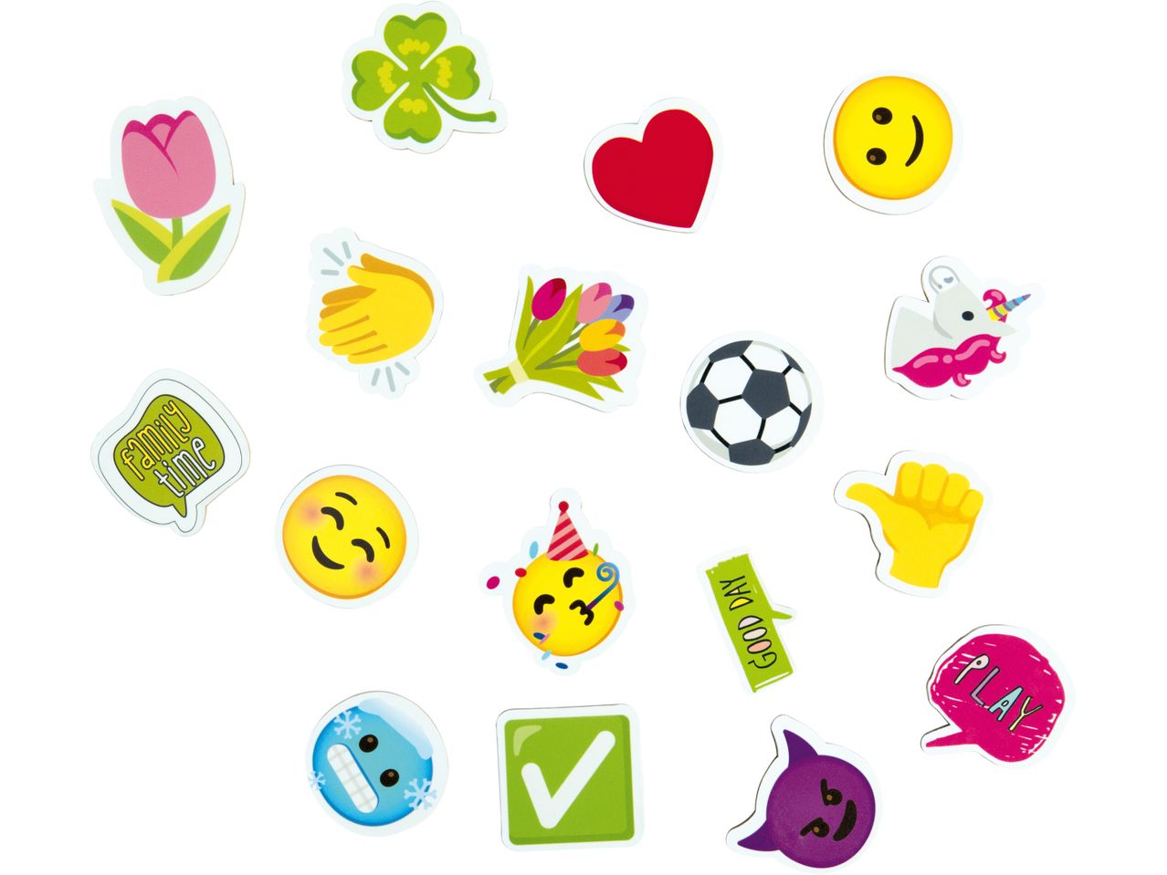 Una collezione di adesivi emoji e icone, magnetici, tra cui un tulipano, un quadrifoglio, un cuore e un unicorno.