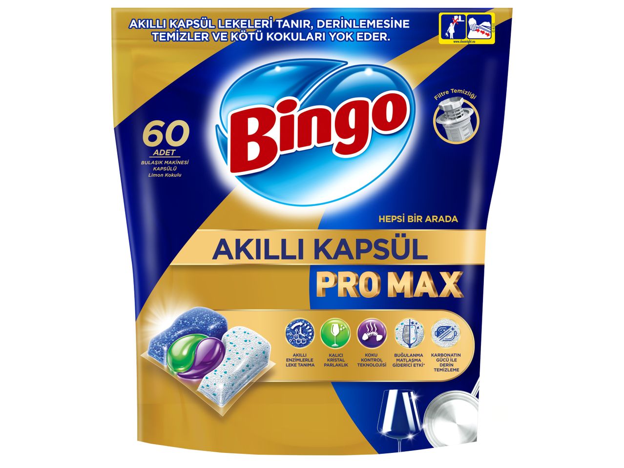 Капсули за съдомиялна Bingo, 60 изпирания с лимонов аромат.