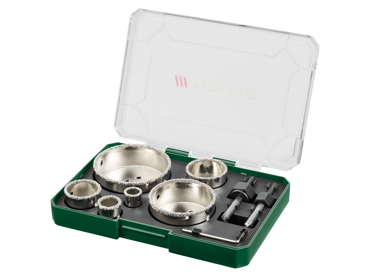 Parkside Bi-Metal Hole Saw Set with various sizes of hole saws and accessories in a green case.