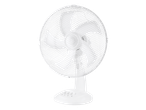White table fan with protective grid.