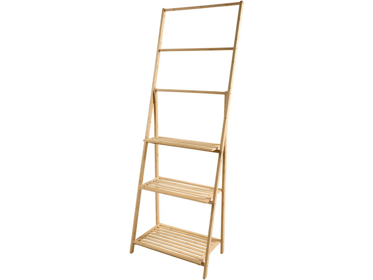 Prateleira de bambu LIVARNO com três prateleiras e um varão para roupa.