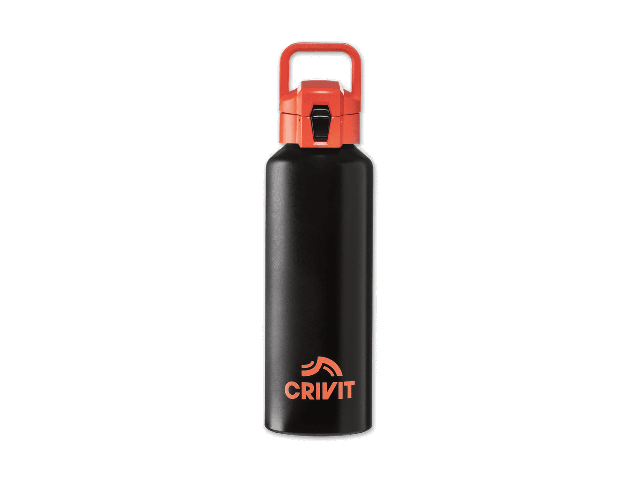 Eine schwarze Craft-Trinkflasche mit orangenem Deckel und Tragegriff.