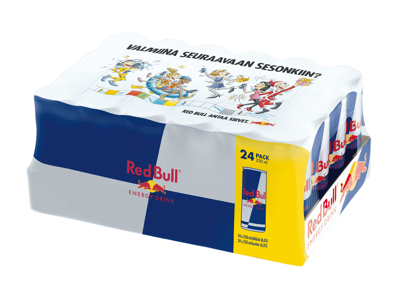 Red Bull -energiajuomapakkaus, jossa on 24 tölkkiä ja sesonkiaiheinen kuvitus.