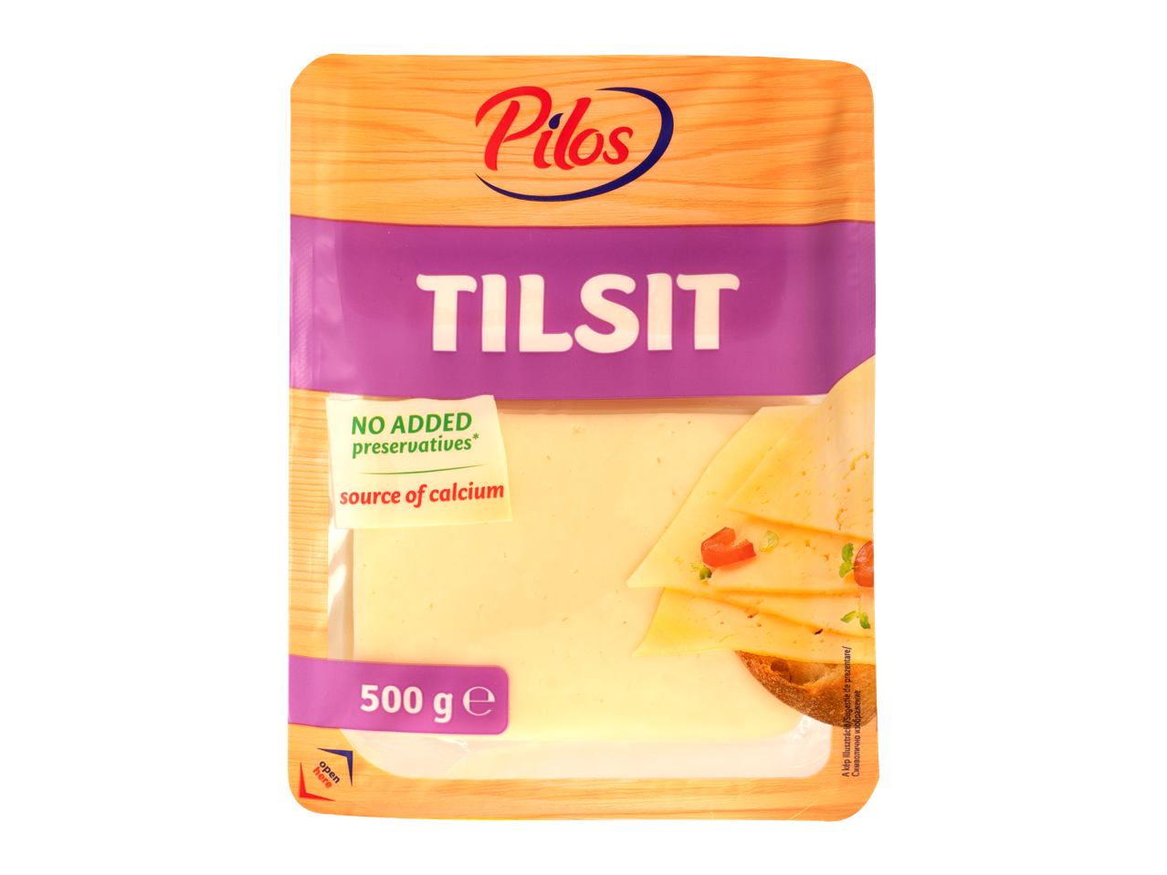 Pilos Brânză feliată Tilsit, pachet de 500g, fără conservanți adăugați, sursă de calciu.