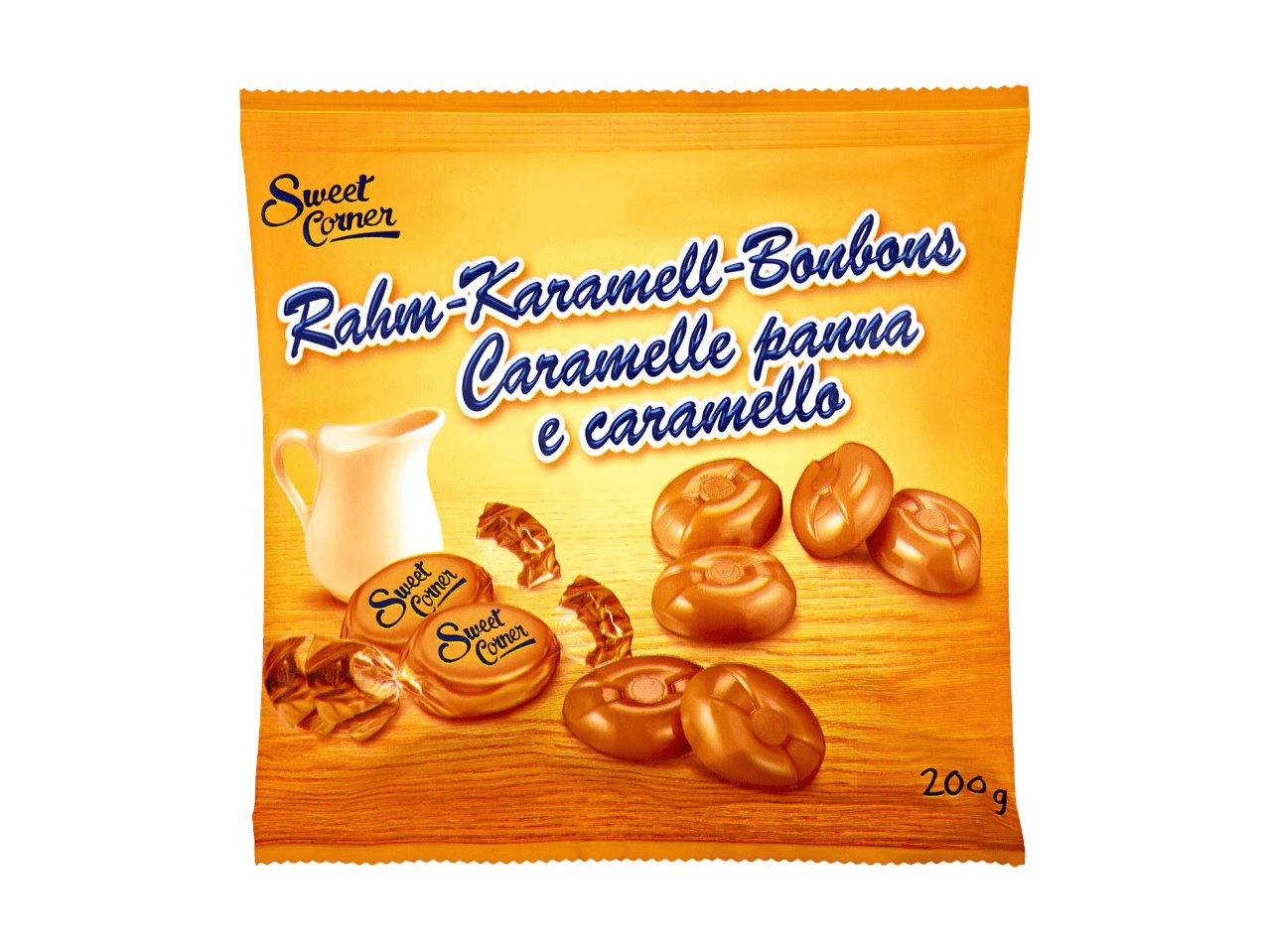 Sachet de bonbons au caramel Sweet Corner avec des bonbons et un pot à lait.