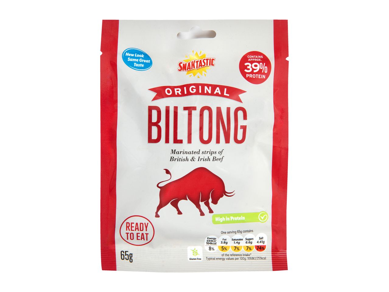 A white and red packet of original beef biltong, highlighting high protein and nutritional values.