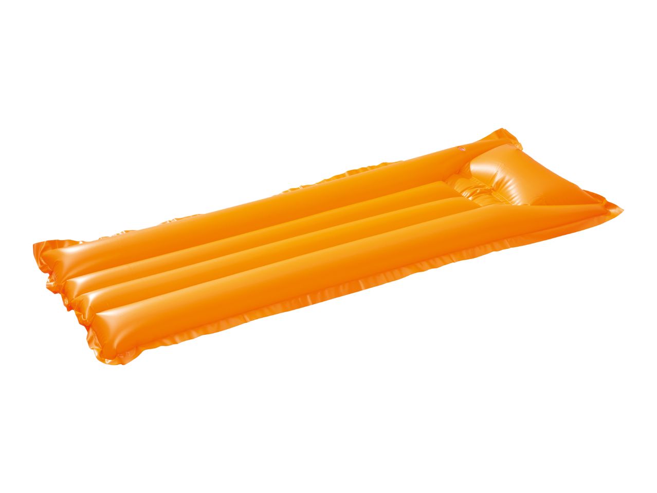 Orange inflatable air mattress for swimming, isolated on a white background.