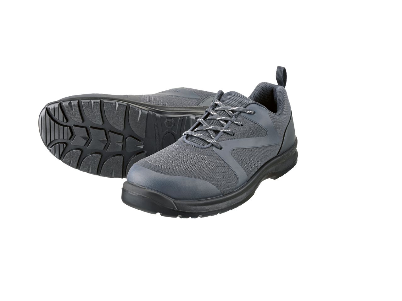 Par sivih radnih cipela s vezicama i protukliznim potplatom.