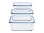 Stack of three rectangular glass food storage containers with clear lids and blue seals.