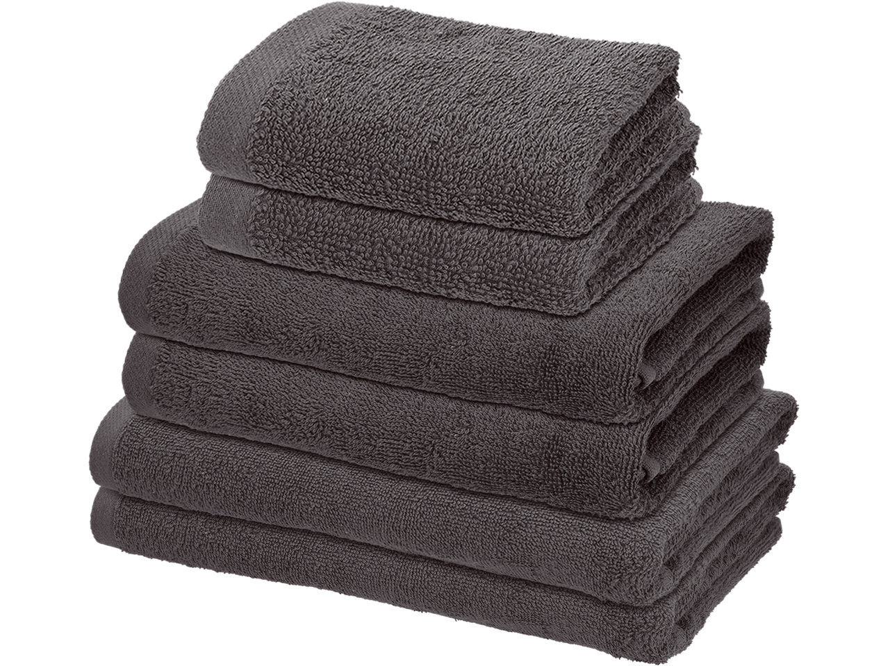 Stack of dark grey folded towels, including bath and hand towels.