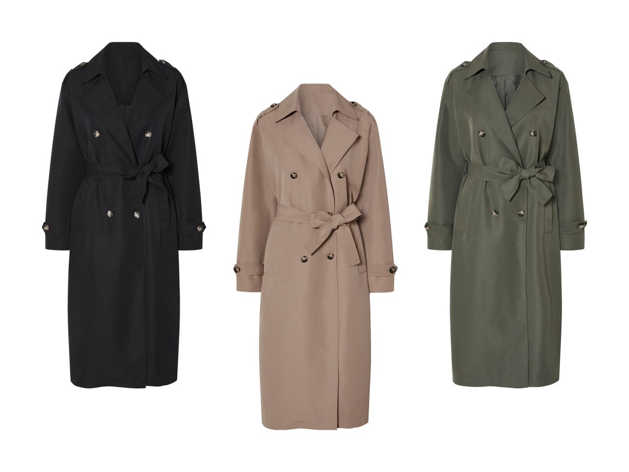 Tre trenchcoats i sort, beige og grøn.
