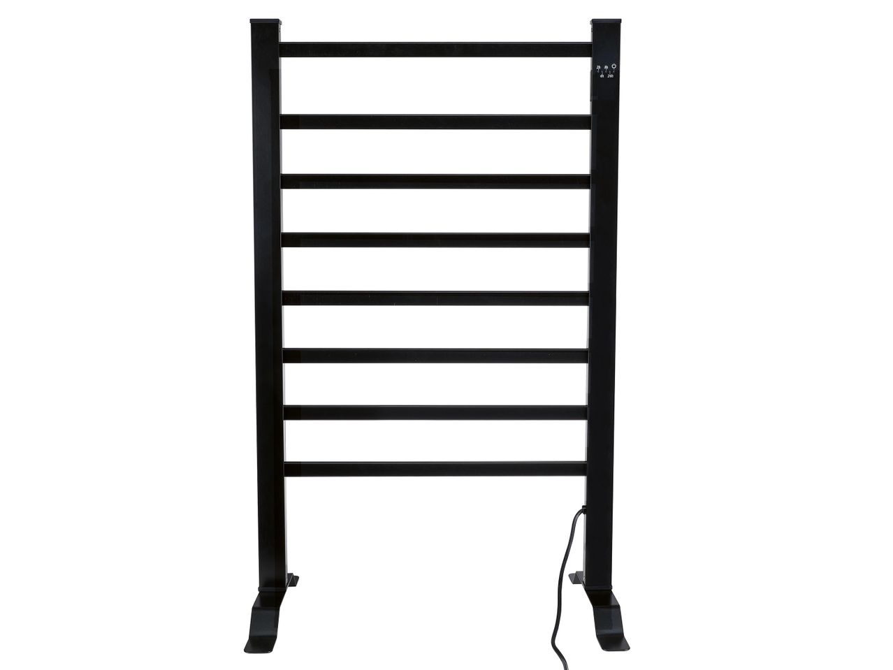 Fekete, szabadon álló elektromos törölközőszárító radiátor időzítő funkcióval.