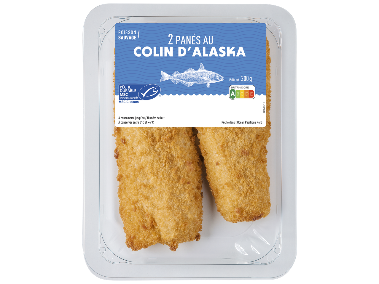 Deux filets de colin d'Alaska panés dans un emballage, avec des informations sur la pêche durable et le Nutri-Score.