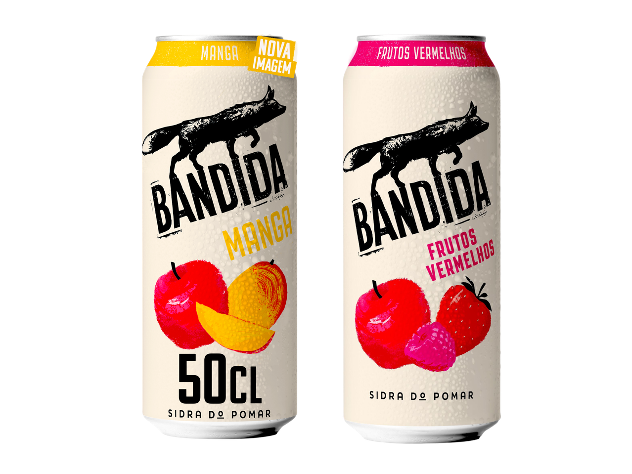 Duas latas de sidra, uma de manga e outra de frutos vermelhos, com um lobo preto.