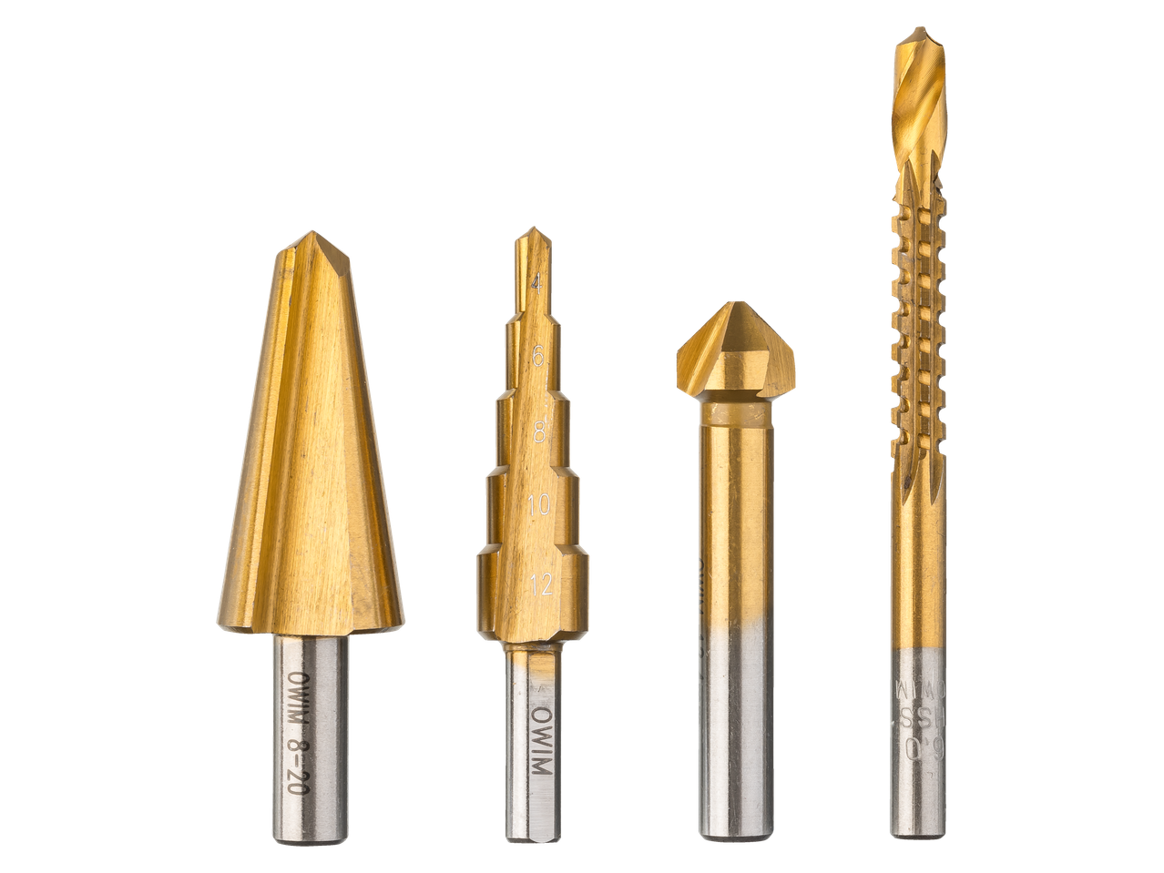 Four gold-colored drill bits, including a countersink, step drill, center drill, and a twist drill, are shown against a black background.